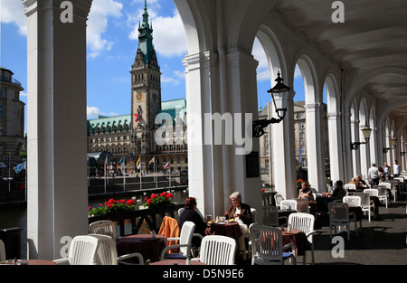 View from Cafe at Alsterarkaden to City Hall, City of  Hamburg, Germany Stock Photo