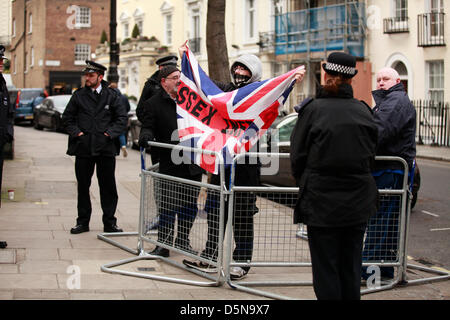 London, UK. 5th April 2013. Muslim demonstration against Burmese and Sri Lankan aggression took place at Hyde Park Gardens (Sri Lanka Embassy) and Charles Street (Burmese Embassy). Members of the EDL showed up at both protests chanting slogans against them. Credit: Lydia Pagoni / Alamy Live News Stock Photo