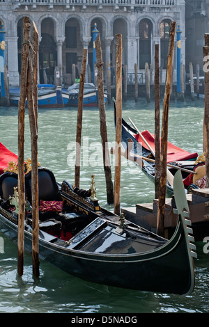 View towards parked gondolas in Venice Italy.