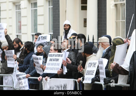 London, UK, 5th April 2013 Anjem Choudary's Muslim group hold demonstration outside the Myanmar embassy over alleged atrocities committed by Buddhists against Muslims in that country. Credit: martyn wheatley / Alamy Live News Stock Photo