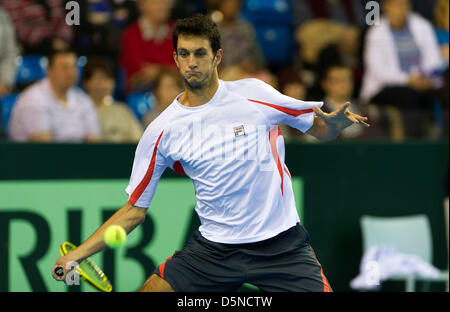 Coventry, UK. 5th April 2013. Great Britain's James Ward playing against Russia's Evgeny Donskoy during the Euro/Africa Zone Group I Davis Cup tie between Great Britain and Russia from the Ricoh Arena. Credit: Action Plus Sports Images / Alamy Live News Stock Photo