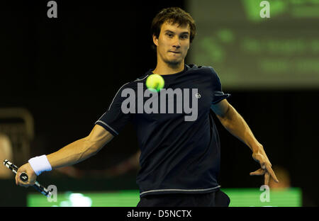 Coventry, UK. 5th April 2013. Russia's Evgeny Donskoy playing against Great Britain's James Ward  during the Euro/Africa Zone Group I Davis Cup tie between Great Britain and Russia from the Ricoh Arena. Credit: Action Plus Sports Images / Alamy Live News Stock Photo