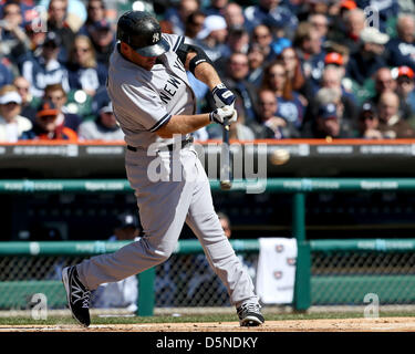 Detroit, Michigan, USA. 5th April 2013. New York Yankees third baseman Kevin Youkilis (36) swings at a pitch during the MLB Baseball game between the New York Yankees and the Detroit Tigers at Comerica Park on April 05, 2013 in Detroit, Michigan. Tom Turrill/CSM/Alamy Live News Stock Photo