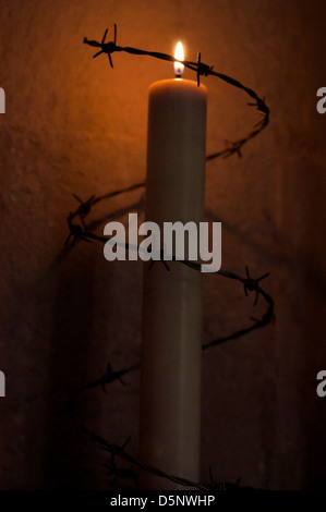 Candle light with barbed wire surrounding it Stock Photo