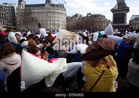 London, UK. 6th April 2013. Thousands of people attended the International Pillow fight, annual event took place at Trafalgar Square in central London. Credit: Lydia Pagoni / Alamy Live News Stock Photo