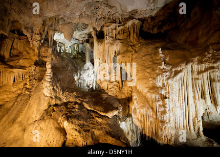 Rock formations in the Nerja Caves (Spanish: Cuevas de Nerja) in Spain, Andalusia region, Malaga province. Stock Photo