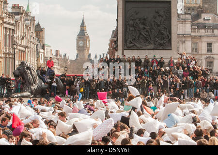 London, UK 6th April 2013 London leg of International Pillow Fight day taking place at  Trafalgar Square. Credit: martyn wheatley / Alamy Live News Stock Photo