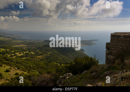 View east on the Aegean Sea coast from Assos Behramkale Turkey cliff top ruins Stock Photo