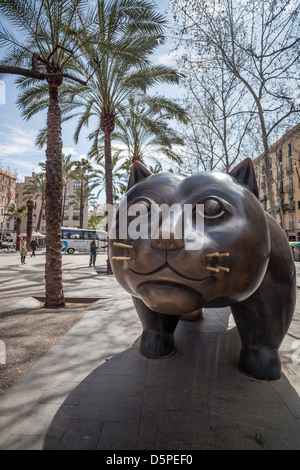 Sculpture 'Gato', by Fernando Botero,located in Rambla del Raval, Barcelona. Stock Photo