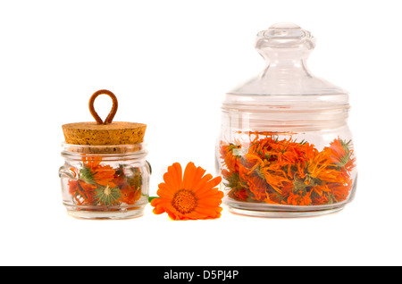 dry medical herbs calendula in glass jars isolated on white Stock Photo