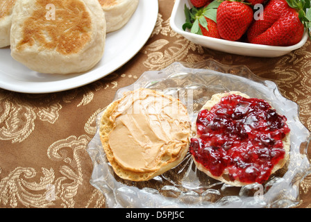 Peanut and Jelly English Muffin with Strawberries Stock Photo