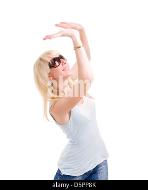 woman is holding something abstract above her head Stock Photo