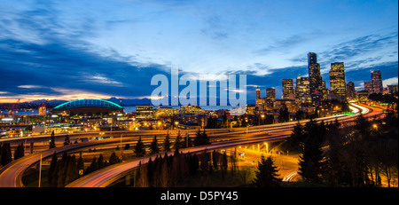 Downtown Seattle Skyline at sunset as seen from the International District Stock Photo