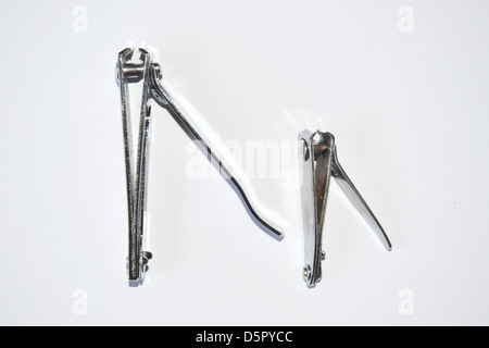 Two different sized nail clippers photographed in a studio. Stock Photo