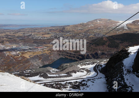 Penrhyn Quarry, Bethesda, Wales, UK. 6th April 2013. Steel wire at the Big Zipper of Zip World, which runs over The 1600 metre (one mile) long zip wire is the longest in the northern hemisphere. Credit: whyeyephotography.com / Alamy Live News Stock Photo