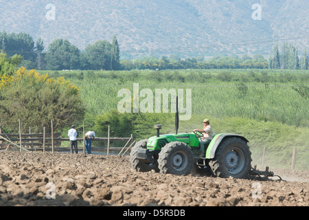 Farmer on a tractor working land on a produce farm Curacavi Valley in Chile Stock Photo