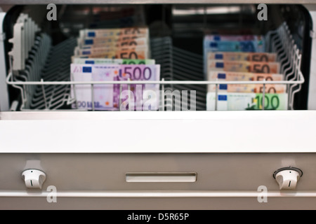 money laundering in the dishwasher with euronotes Stock Photo