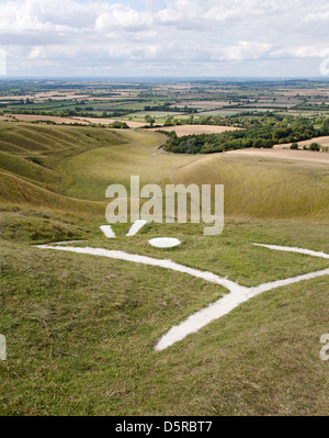 The Uffington White Horse, a prehistoric figure carved in chalk on a scarp of the Berkshire Downs overlooking The Manger below. Stock Photo
