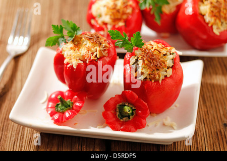 Stuffed peppers with rice and mushrooms. Recipe available. Stock Photo