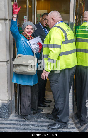London, UK. 8th April 2013. Operation Disclosure -  Erica, a resident of St Leonards (pictured in blue coat), is the only protestor to gain access to deliver her letter for Norman Baker, Minister of transport.  Anti-road campaigners, known as the Combe Haven Defenders stage a peaceful two-day ‘search’ of the Department for Transport (DfT) for its recommendations about the £100m Bexhill-Hastings Link Road – they have a copy of a document with the key conclusions redacted, but the body of the document is not very supportive of the proposed scheme.The ‘searchers’ attempted to enter the building b Stock Photo