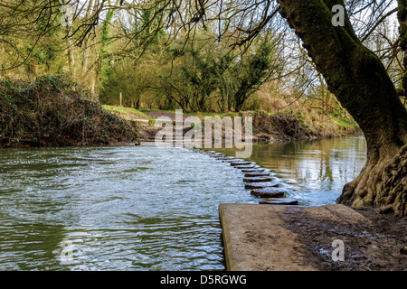 the stepping stones across the river Mole, near Dorking, Surrey. Stock Photo