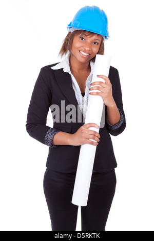 Confident Black African American woman architect smiling with folded arms, isolated on white background Stock Photo