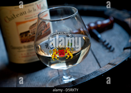 CHASSAGNE-MONTRACHET French wine tasting tour in cellar with glass and bottle of Chassagne-Montrachet fine white Burgundy wine Cote d'Or France Stock Photo