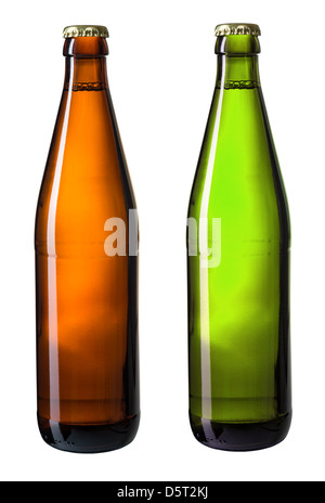 brown and green bottles of beer isolated on white with clipping path included Stock Photo