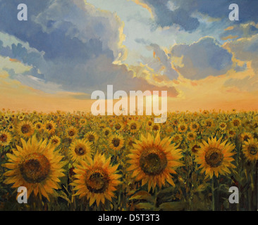 An oil painting on canvas of a breathtaking sunset over sunflowers field. Colorful rural landscape lit by the warm light of sun. Stock Photo