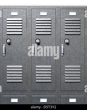 A front on view of a stack of grey metal school lockers with combination locks and doors shut on an isolated background Stock Photo