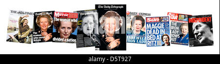 National Newspaper front pages reporting the death of former British Prime Minister Margaret Thacher. April 9th 2013. James Boardman / Alamy Live News Stock Photo