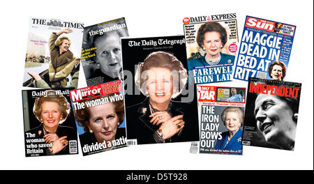 National Newspaper front pages reporting the death of former British Prime Minister Margaret Thacher. April 9th 2013. James Boardman / Alamy Live News Stock Photo