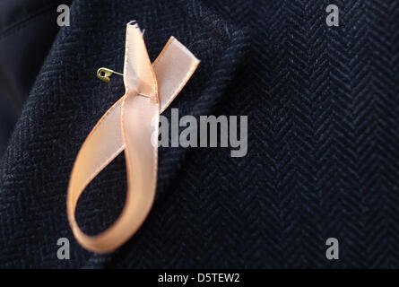 An employee of 'Financial Times Germany' (FTD) wears a salmon-coloured ribbon to express his grief at the publishing house Gruner + Jahr in Hamburg, Germany, 23 November 2012. The publishing house Gruner + Jahr intends to inform employees and work councils on the fait of the business media department of the publisher. A spokesperson of the group announced that one must expect a clo Stock Photo