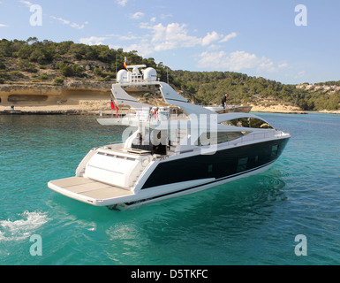 The new Pearl 75 luxury motor yacht - destined for Palma Boat Show 2013 - in Portals Vells - a popular cala / bay, Calvia. Stock Photo