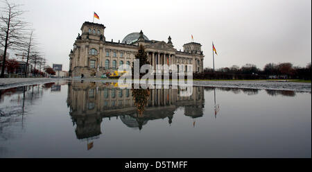 The illuminated Christmas tree is reflected in a puddle of eater during rain and temperatures of 7 degrees centigrade in front of the German Bundestag in Berlin, Germany, 28 November 2012. Photo: WOLFGANG KUMM Stock Photo