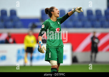 Turkey's goalkeeper Fatma Sahin yells during the women's soccer international match Germany versus Turkey at Schauinsland-Reisen-Arena in Duisburg, Germany, 19 September 2012. Photo: Revierfoto Stock Photo