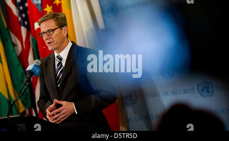 Germany's Foreign Minister Guido Westerwelle talks to journalists in New York, United States, 24 September 2012. Westerwelle visits New York from 21 to 28 September 2012 to attend the United Nations' 67th General Assembly. Photo: SVEN HOPPE