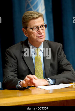 German Foreign Minister Guido Westerwelle holds a press conference at the United Nations in New York, USA, 26 September 2012. Mr Westerwelle is in New York for the General Assembly of the UN from 21 to 28 September. Photo: Sven Hoppe