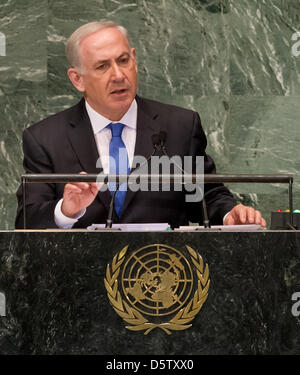 Prime Minister of Israel Benjamin Netanyahu speaks at the General Assembly of the United Nations in New York, USA, 27 September 2012. He demanded to draw a 'red line' on Iran's nuclear programme. Photo: Sven Hoppe Stock Photo
