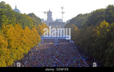 A field of runners is pictured at the start of the 39th Berlin Marathon next to the Brandenburg Gate in Berlin, Germany, 30 September 2012. About 41 000 participants have registered for the 42,195 track that leads them across the German capital. Photo: Soeren Stache Stock Photo