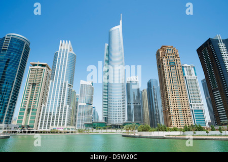 View of modern high-rise apartment towers at Jumeirah Lakes Towers (JLT) at New Dubai in UAE Stock Photo