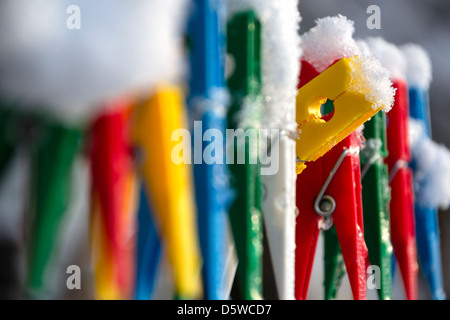 Washing line with a row of colorful pegs covered with snow queued in a row with one peg peeking out of the crowd Stock Photo