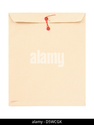 Manila envelope with red string isolated on white. Stock Photo