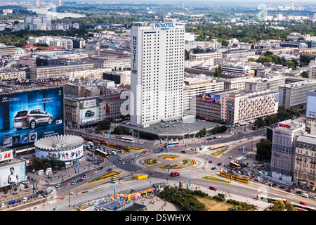 View over central Warsaw from the Palace of Culture and Science with the Rondo Romana Dmowskiego (roundabout) in the foreground. Stock Photo