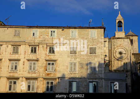 Clocktower with medieval sundial Iron Gate in the Peoples Square Narodni trg, Old Town, Split, Dalmatia, Croatia, Europe Stock Photo