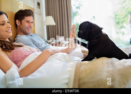 Woman teaching dog 'high five' in bed Stock Photo