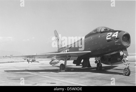 North American FJ-4B (AF-1E) 'Fury' from Utron Seven (VU-7) is at NAAS Brown Field, CA. Stock Photo