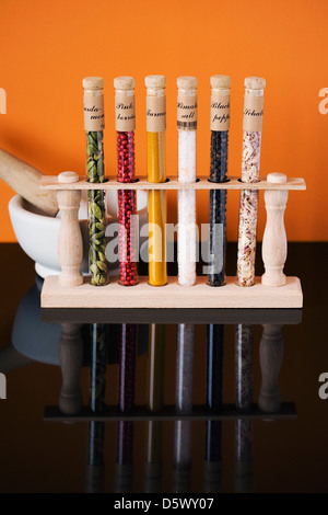 A selection of herbs and spices in glass tubes reflected in a black surface. Stock Photo