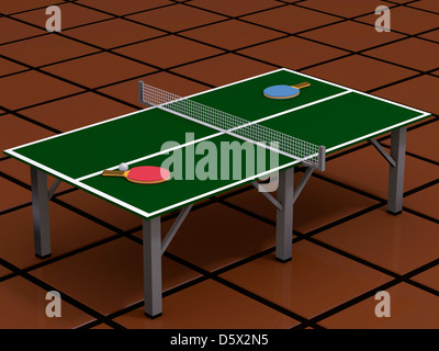 Illustration of ping pong table 3d, rackets and ball. Stock Photo
