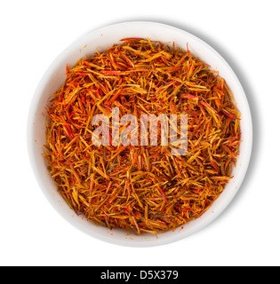 Saffron in plate isolated on white background Stock Photo